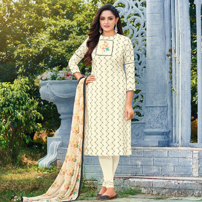 Cream Casual Wear Embroidered Chanderi Dress Material