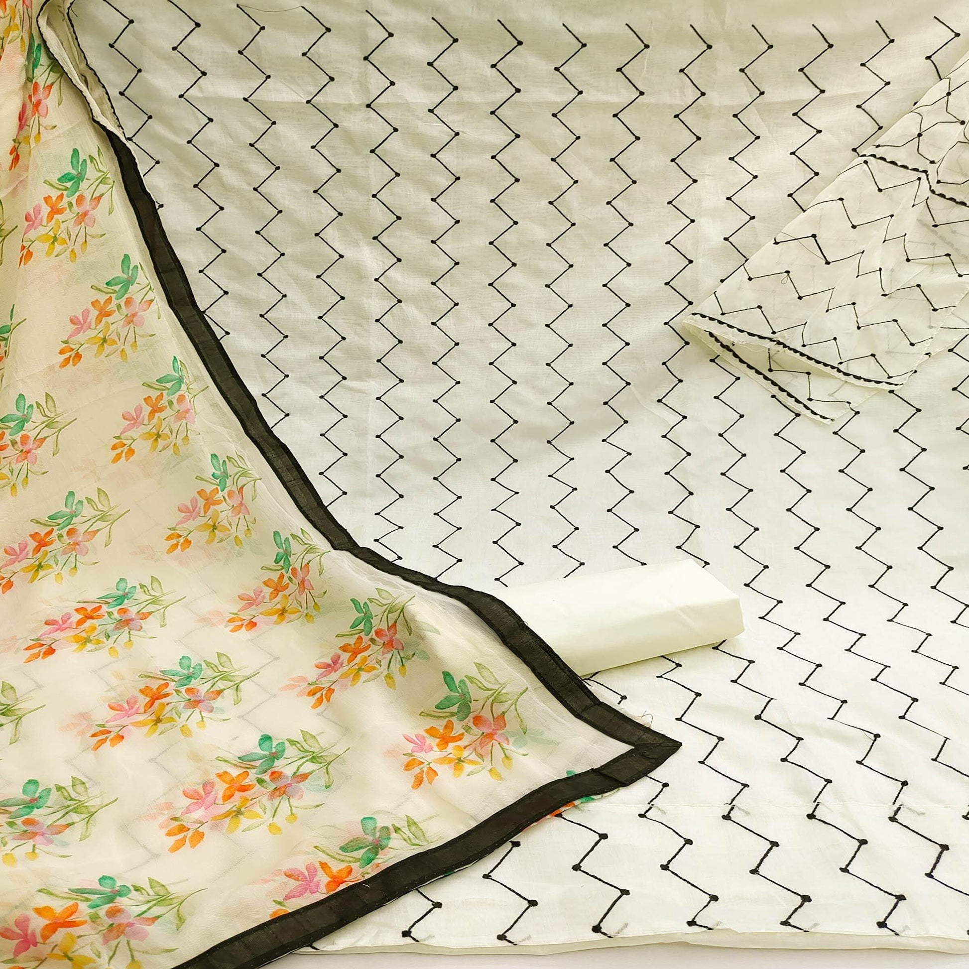 Cream Casual Wear Embroidered Chanderi Dress Material