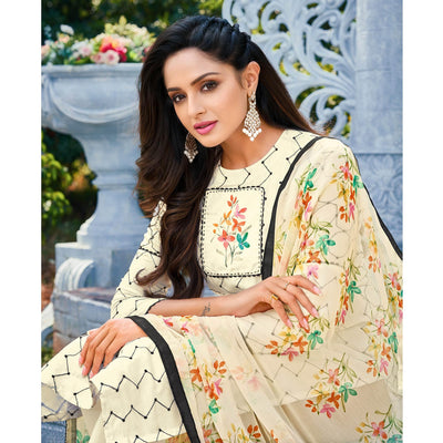 Cream Casual Wear Embroidered Chanderi Dress Material