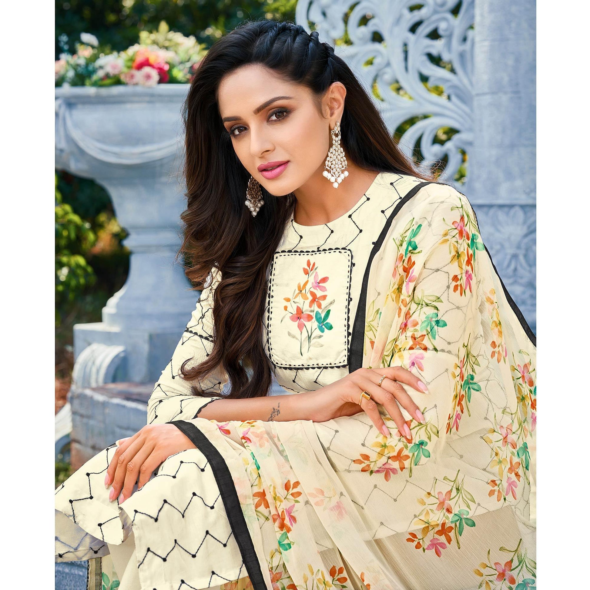 Cream Casual Wear Embroidered Chanderi Dress Material