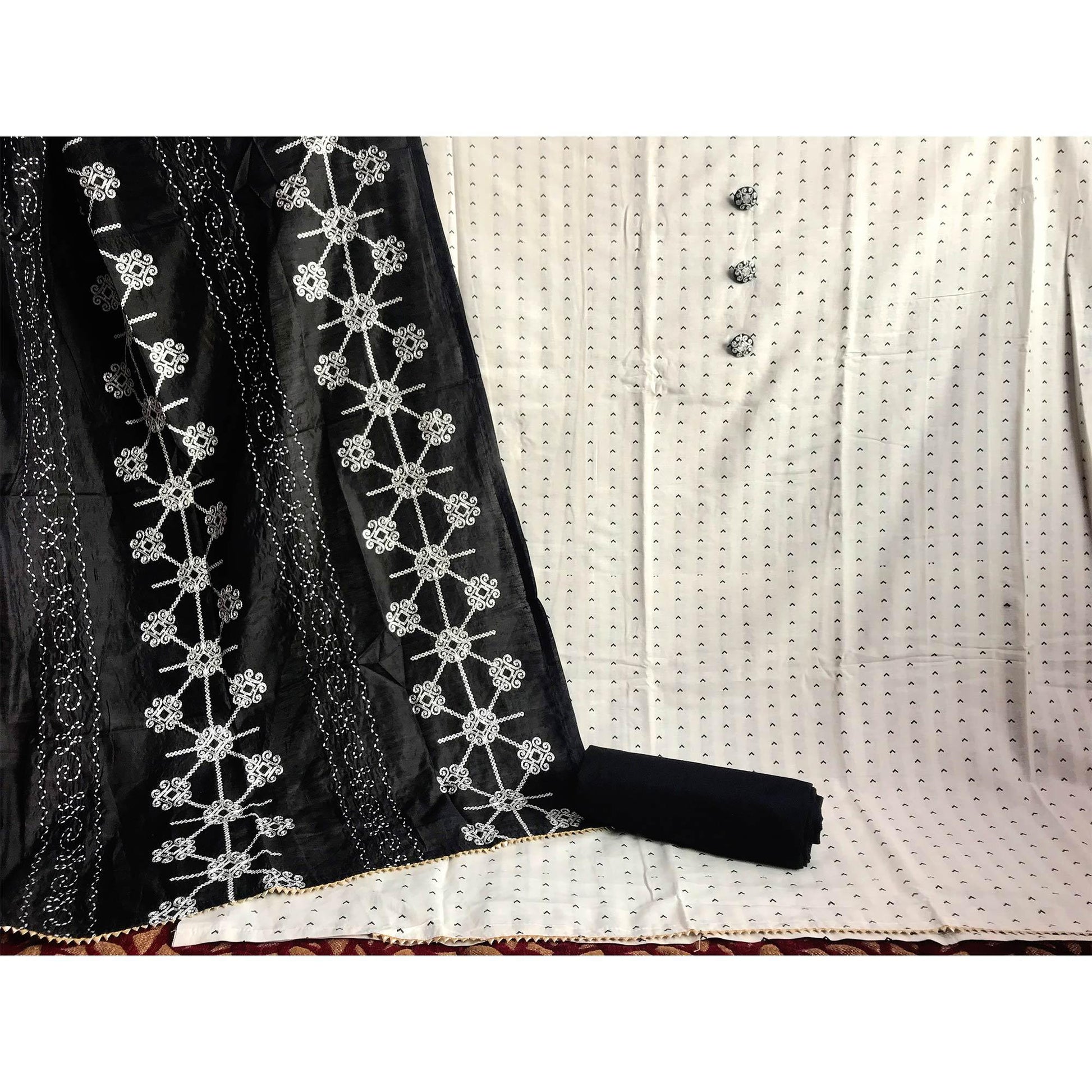 Cream Casual Wear Embroidered Cotton Dress Material