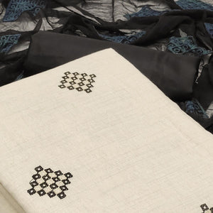 Cream Casual Wear Embroidered Cotton Dress Material