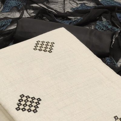 Cream Casual Wear Embroidered Cotton Dress Material