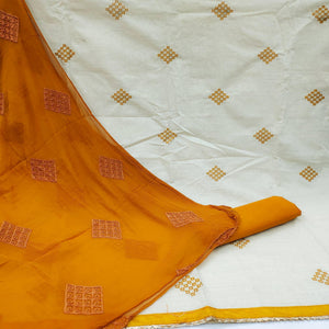 Cream Casual Wear Embroidered Cotton Dress Material