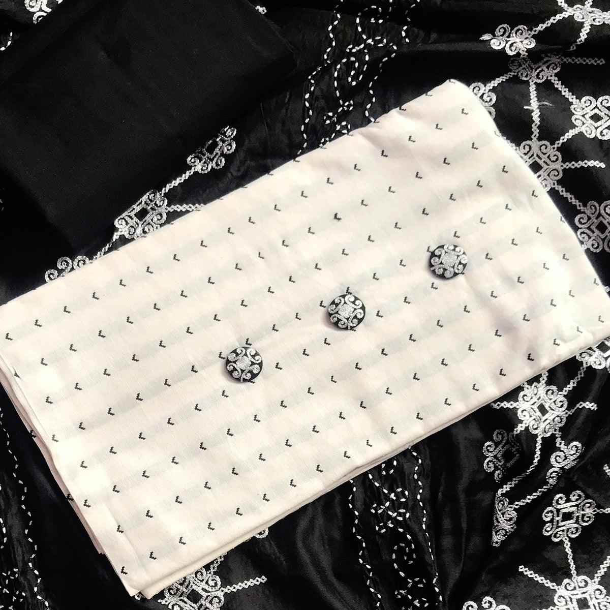 Cream Casual Wear Embroidered Cotton Dress Material