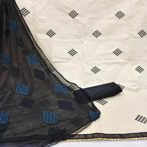 Cream Casual Wear Embroidered Cotton Dress Material