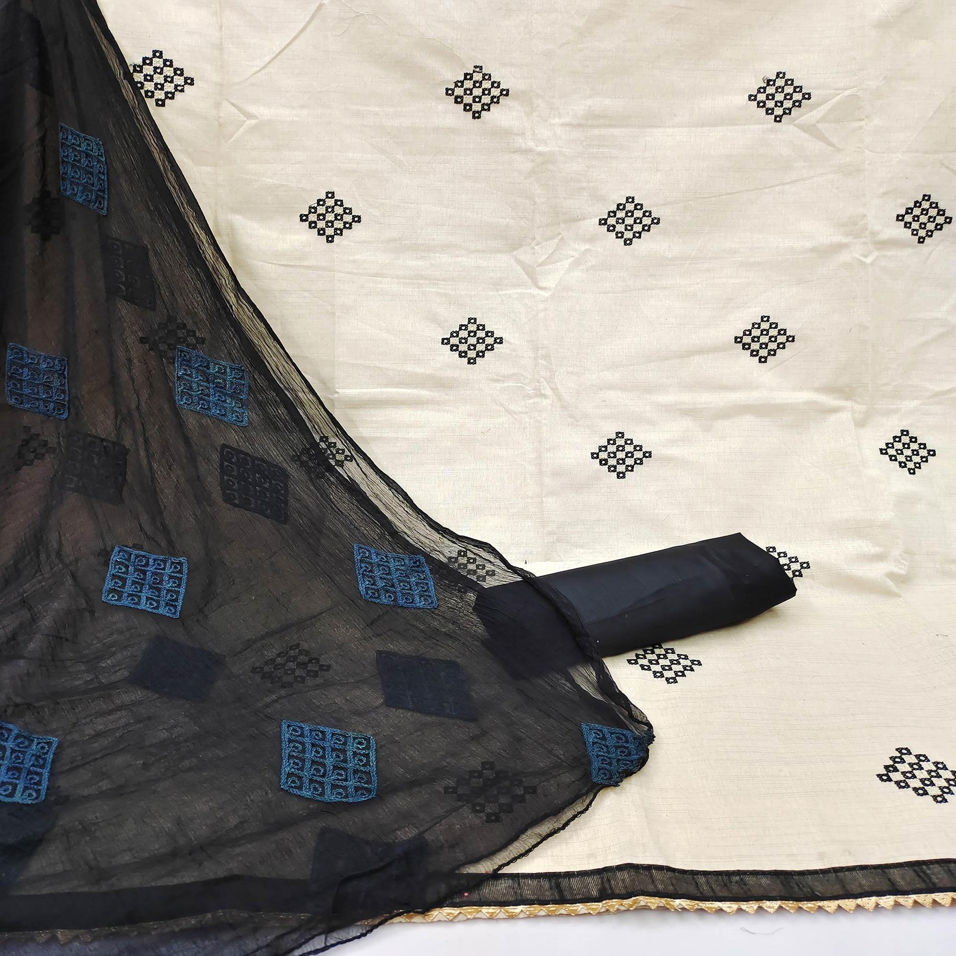 Cream Casual Wear Embroidered Cotton Dress Material
