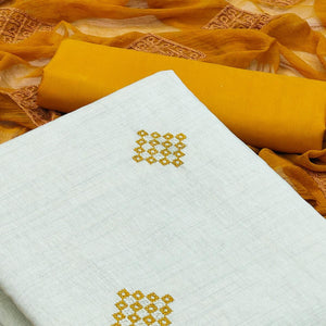 Cream Casual Wear Embroidered Cotton Dress Material