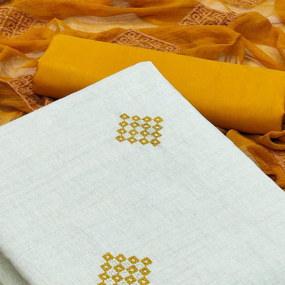 Cream Casual Wear Embroidered Cotton Dress Material