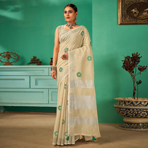 Cream Casual Wear Embroidered Linen Saree