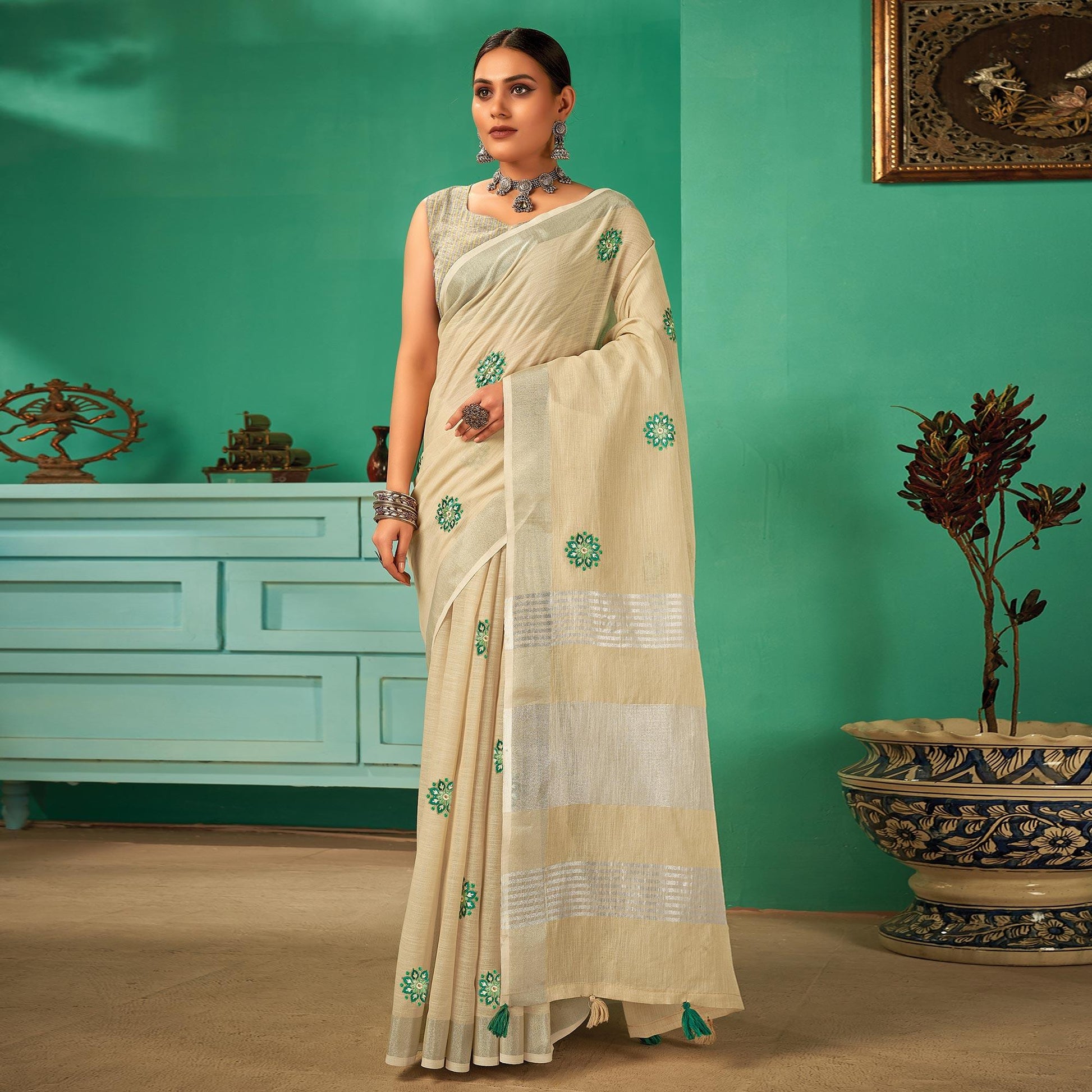 Cream Casual Wear Embroidered Linen Saree
