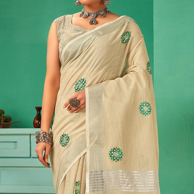 Cream Casual Wear Embroidered Linen Saree