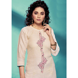 Cream Casual Wear Embroidered Pure Cotton Kurti