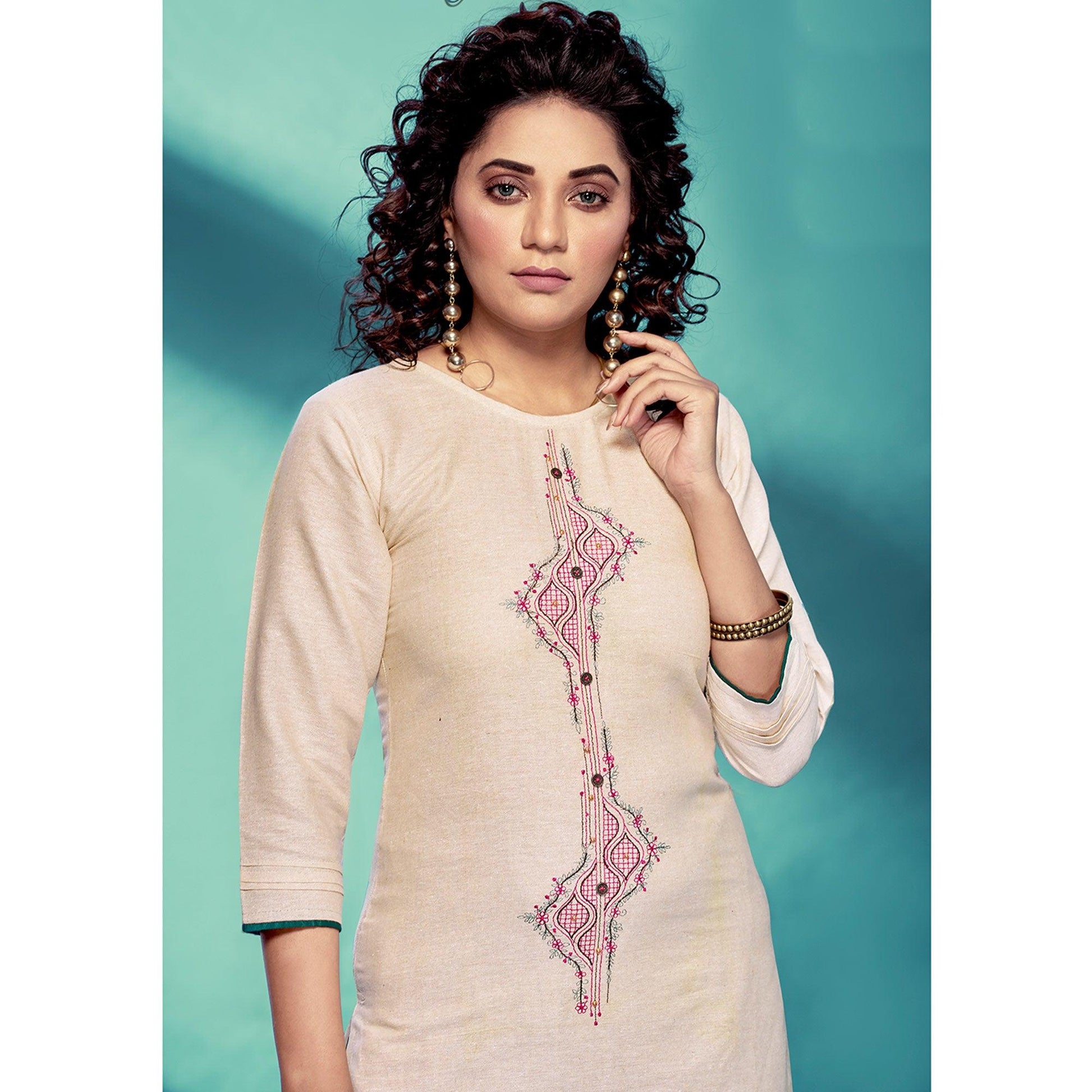 Cream Casual Wear Embroidered Pure Cotton Kurti