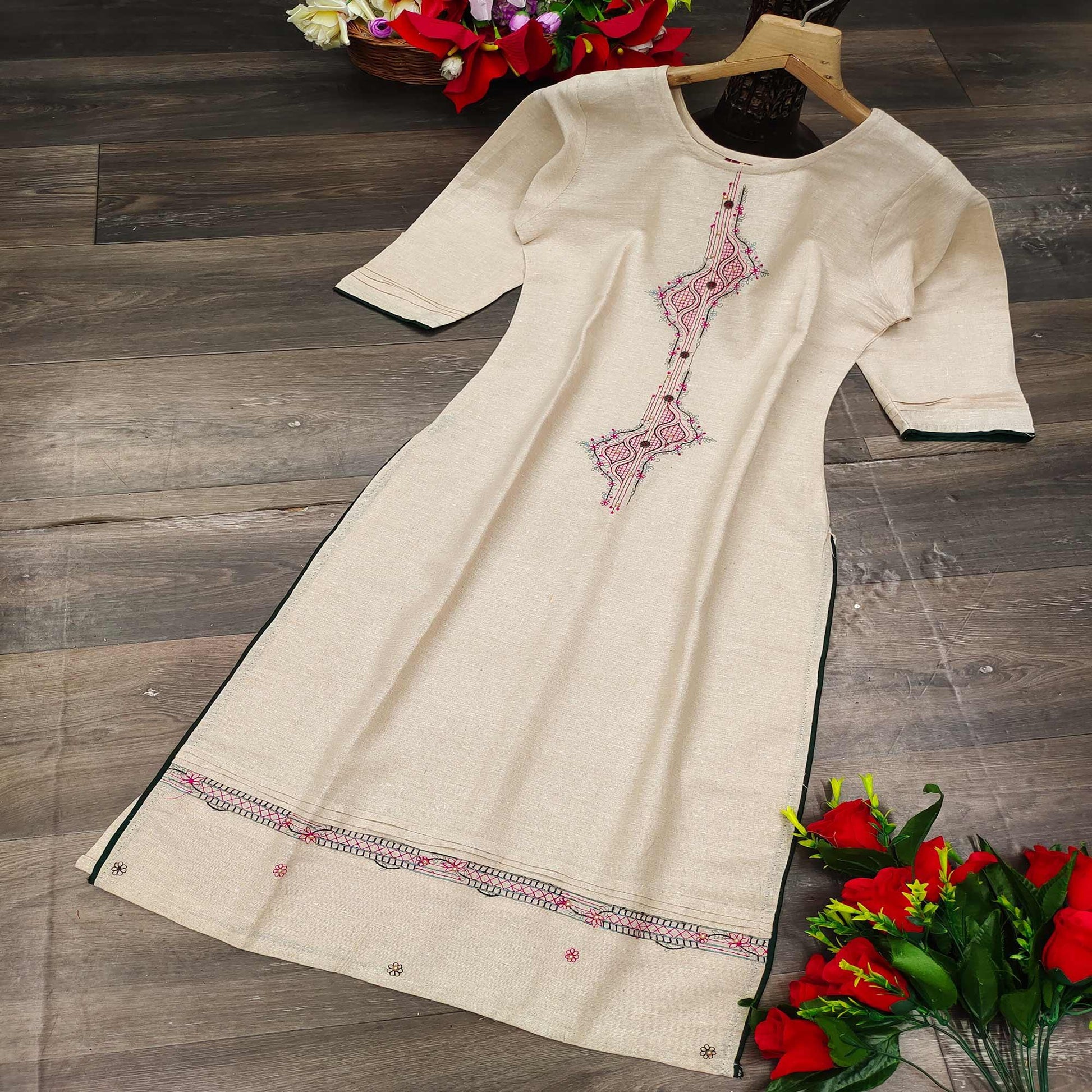 Cream Casual Wear Embroidered Pure Cotton Kurti