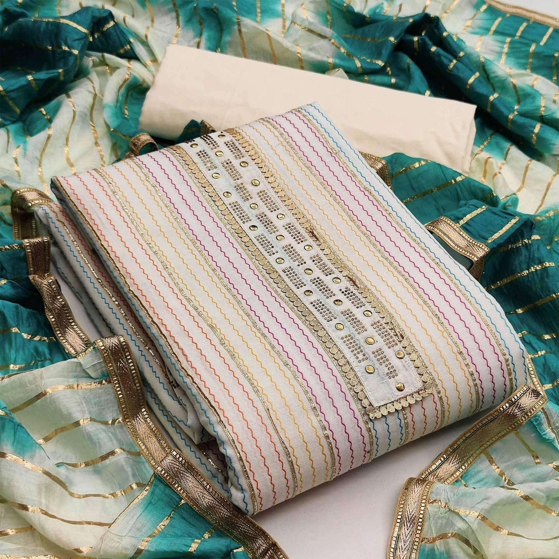 Cream Casual Wear Embroidery With Hand Work Premium Pure Cotton Dress Material