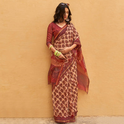 Cream Casual Wear Fancy Printed Linen Saree