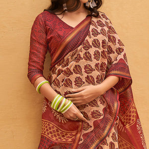 Cream Casual Wear Fancy Printed Linen Saree
