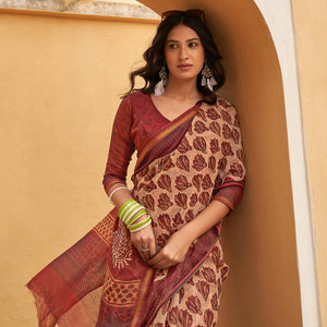 Cream Casual Wear Fancy Printed Linen Saree