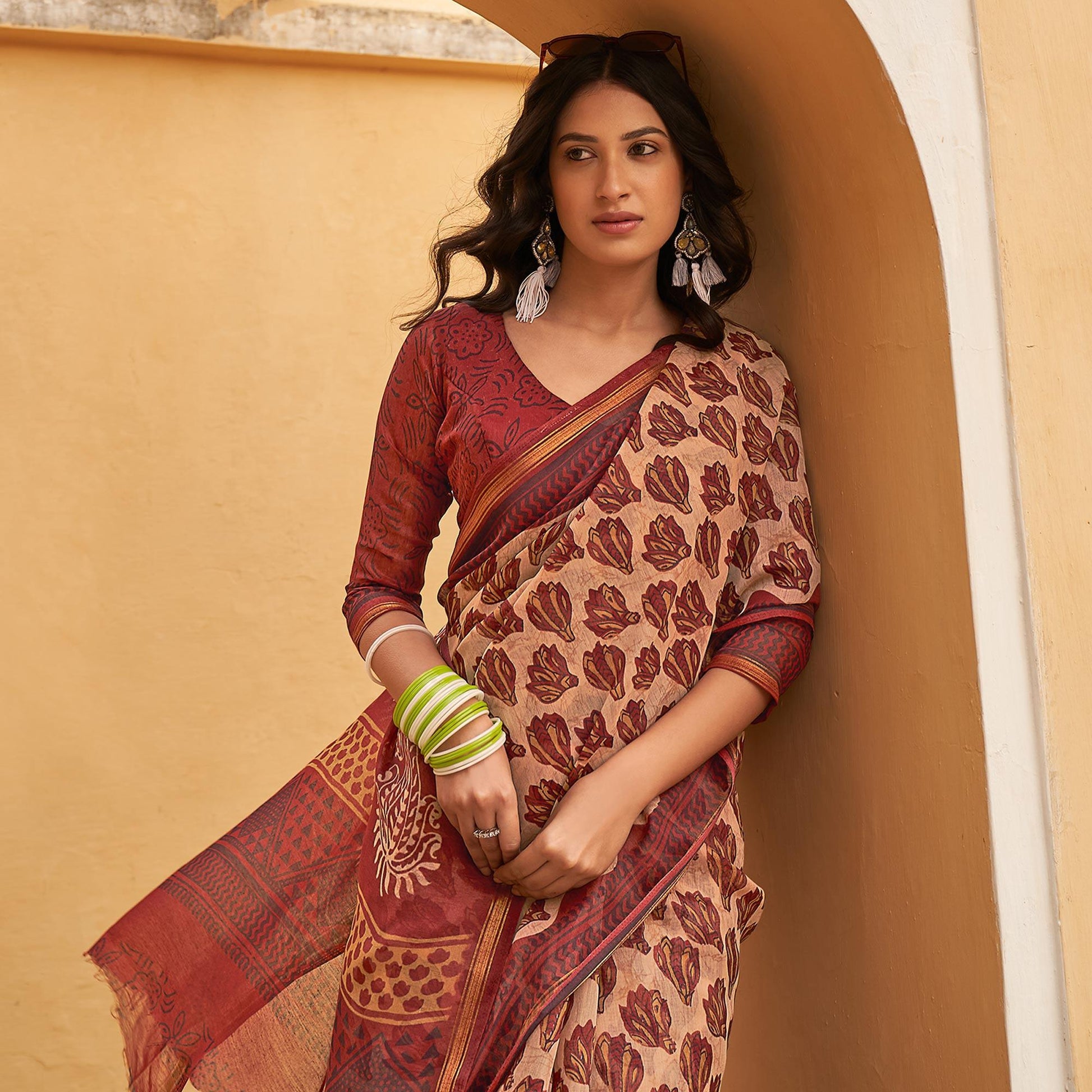 Cream Casual Wear Fancy Printed Linen Saree