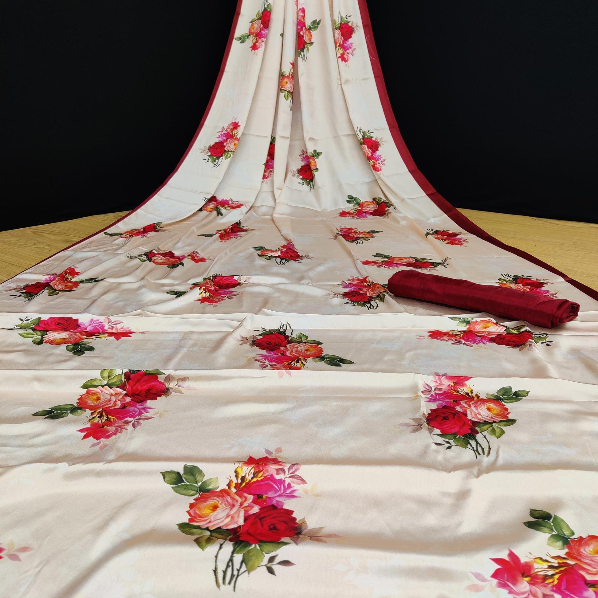 Cream Casual Wear Floral Digital Printed Satin Saree