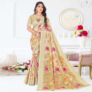 Cream Casual Wear Floral Digital Printed Soft Silk Saree