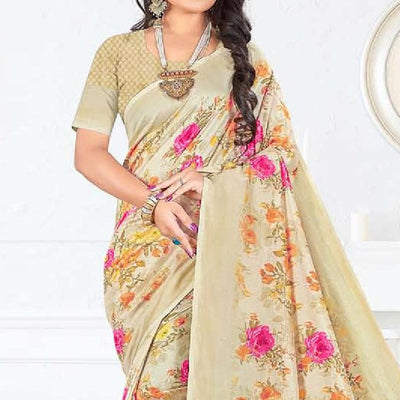 Cream Casual Wear Floral Digital Printed Soft Silk Saree