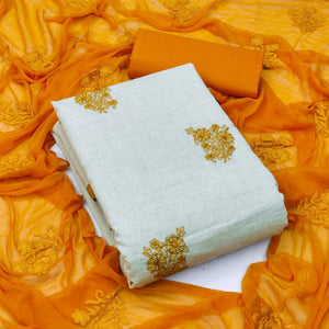 Cream Casual Wear Floral Embroidered Khadi Cotton Dress Material