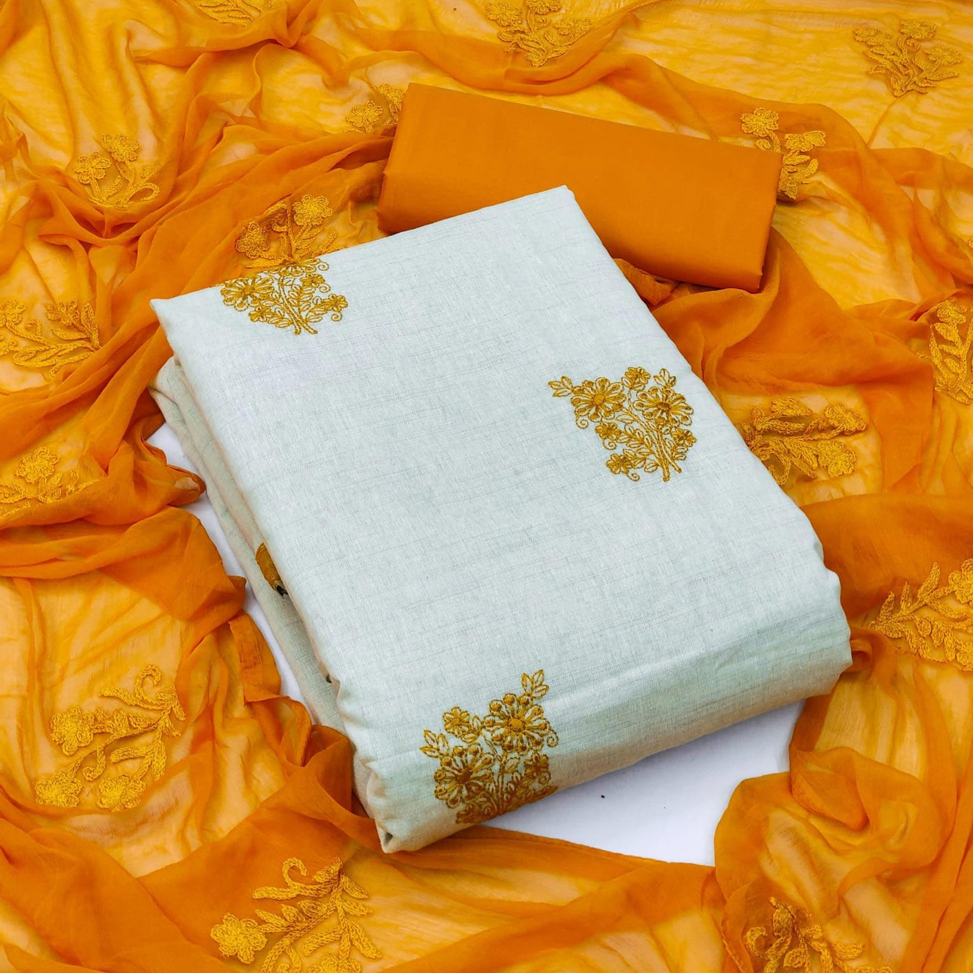 Cream Casual Wear Floral Embroidered Khadi Cotton Dress Material