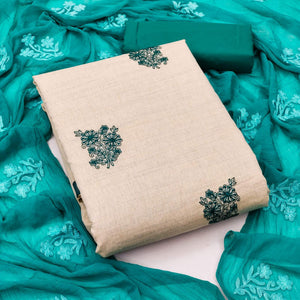 Cream Casual Wear Floral Embroidered Khadi Cotton Dress Material