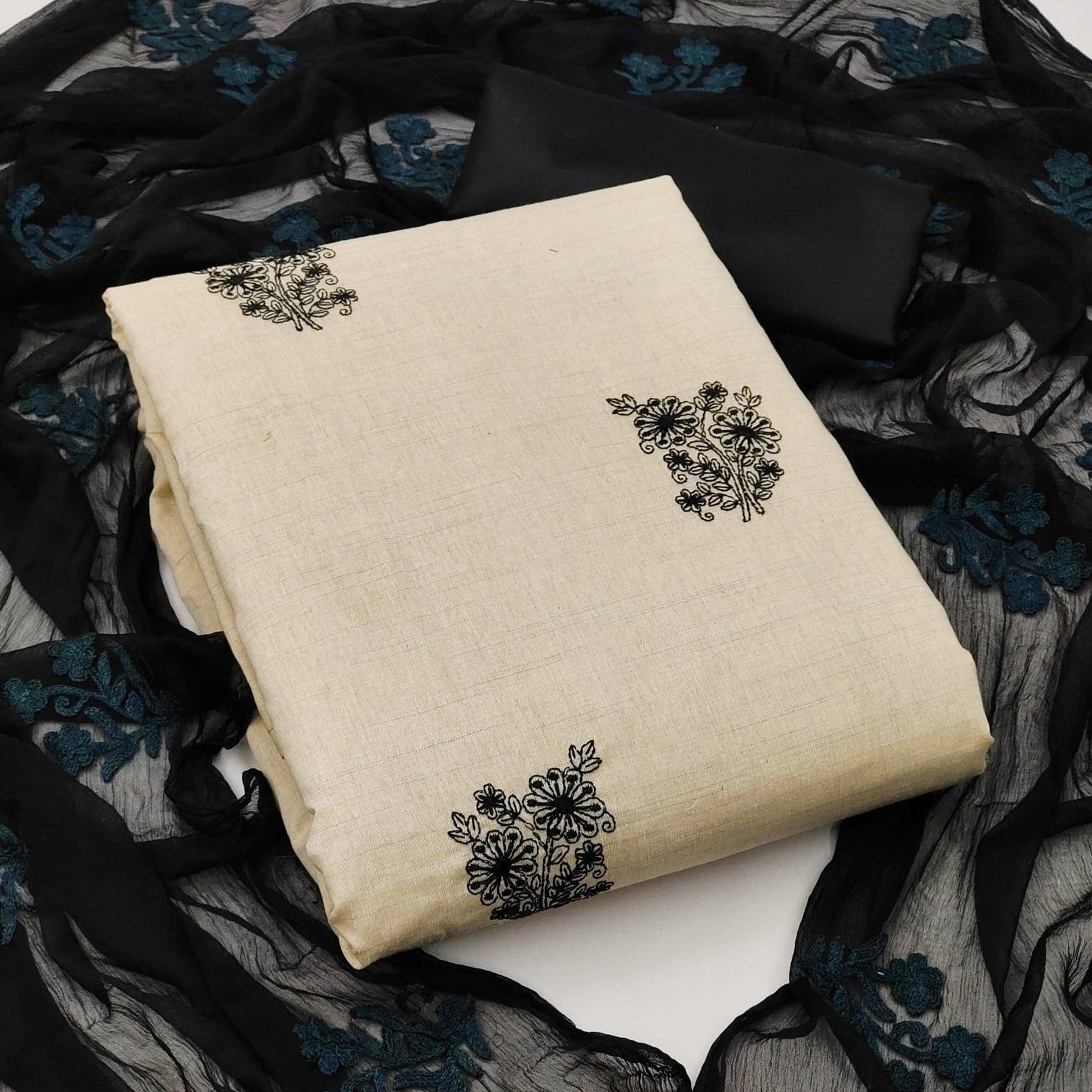Cream Casual Wear Floral Embroidered Khadi Cotton Dress Material