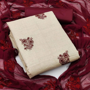 Cream Casual Wear Floral Embroidered Khadi Cotton Dress Material