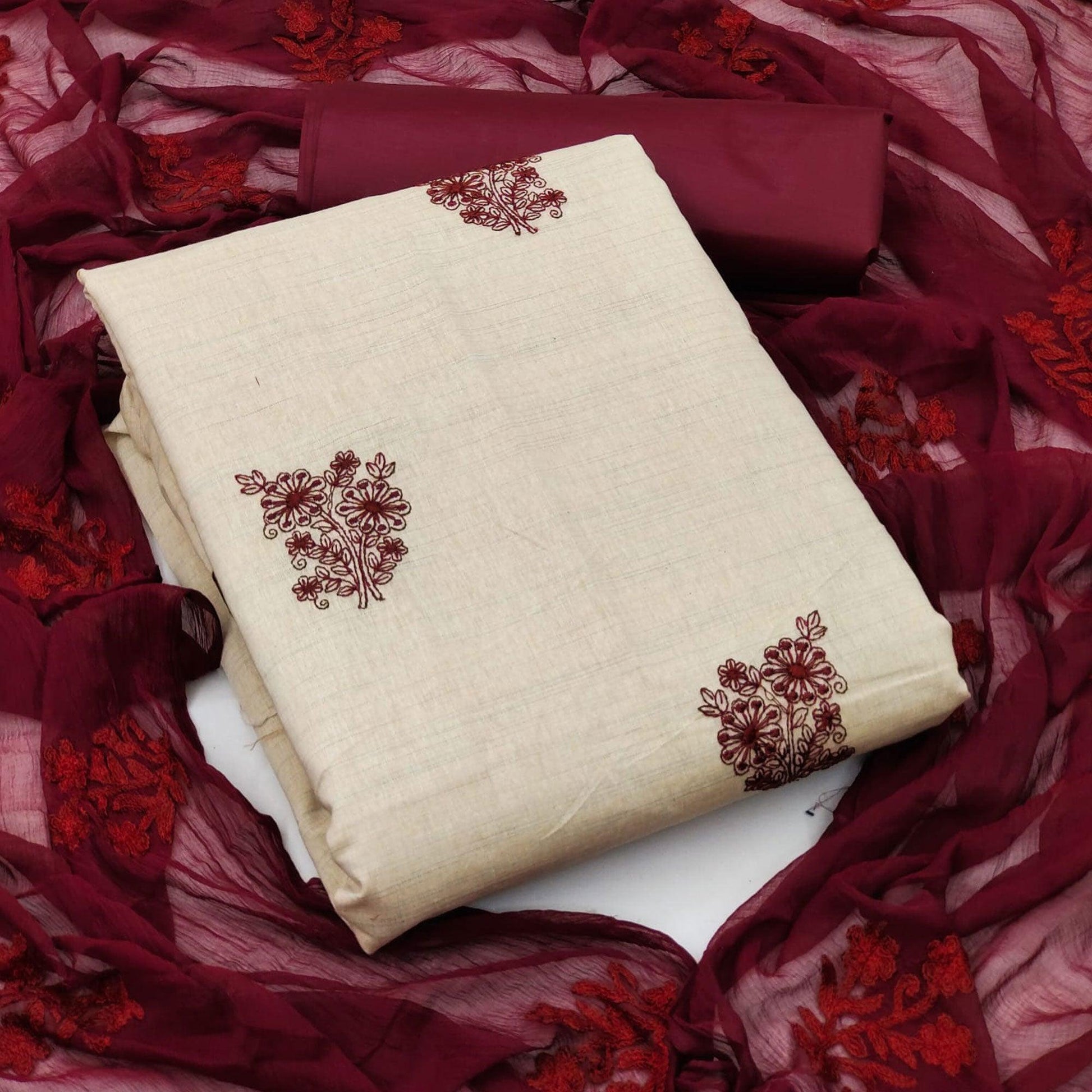 Cream Casual Wear Floral Embroidered Khadi Cotton Dress Material