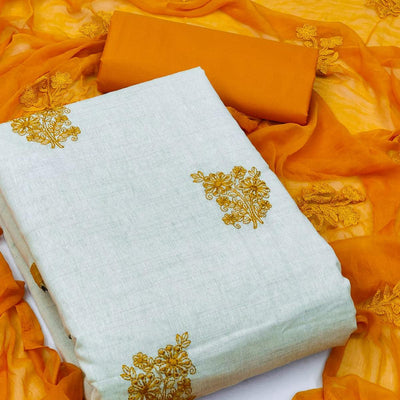 Cream Casual Wear Floral Embroidered Khadi Cotton Dress Material