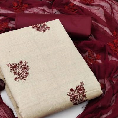 Cream Casual Wear Floral Embroidered Khadi Cotton Dress Material