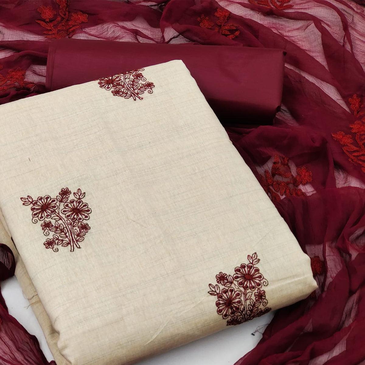 Cream Casual Wear Floral Embroidered Khadi Cotton Dress Material