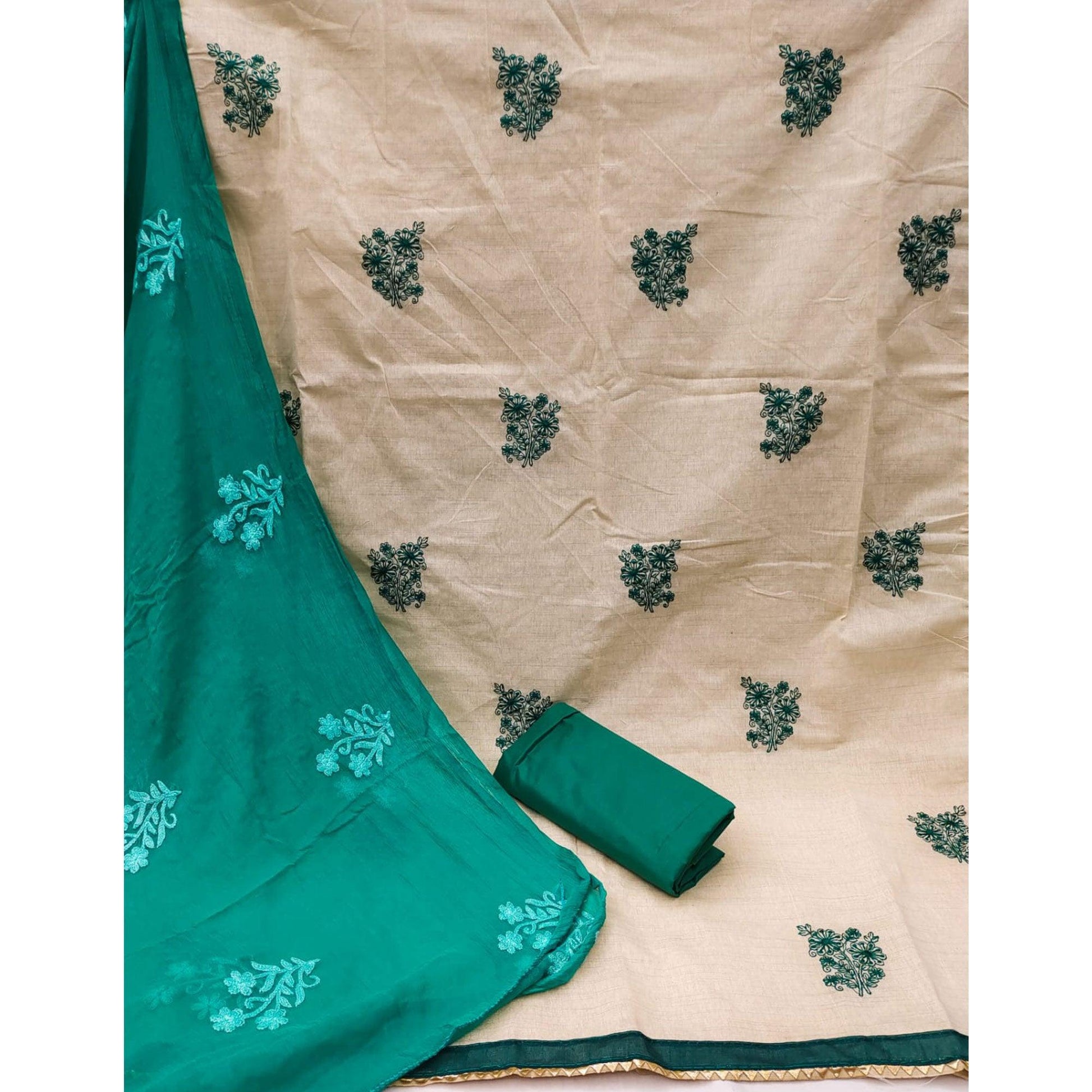 Cream Casual Wear Floral Embroidered Khadi Cotton Dress Material