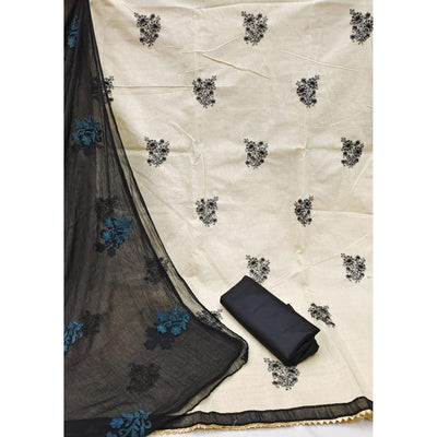 Cream Casual Wear Floral Embroidered Khadi Cotton Dress Material