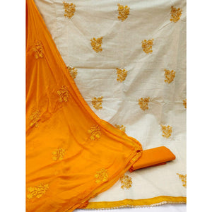 Cream Casual Wear Floral Embroidered Khadi Cotton Dress Material