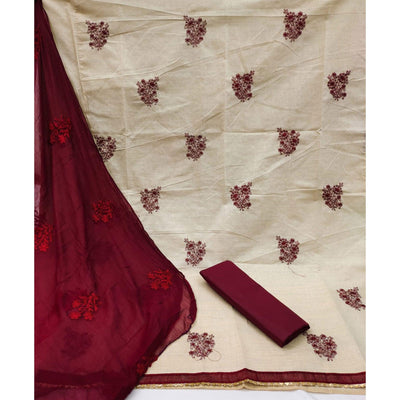 Cream Casual Wear Floral Embroidered Khadi Cotton Dress Material