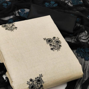 Cream Casual Wear Floral Embroidered Khadi Cotton Dress Material