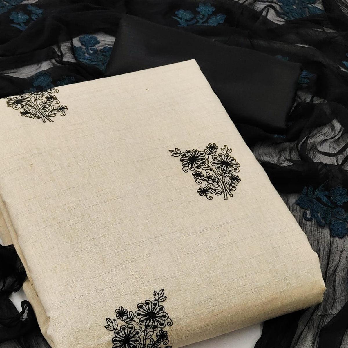 Cream Casual Wear Floral Embroidered Khadi Cotton Dress Material