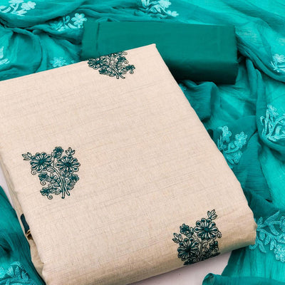Cream Casual Wear Floral Embroidered Khadi Cotton Dress Material