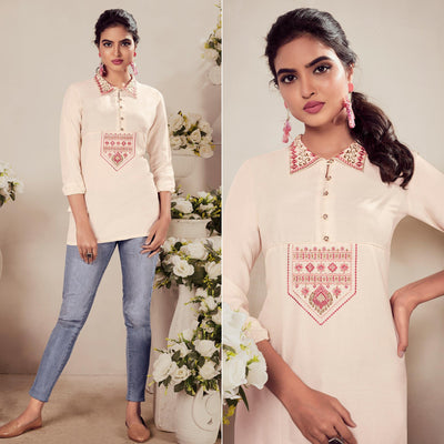 Cream Casual Wear Floral Embroidered Rayon Top