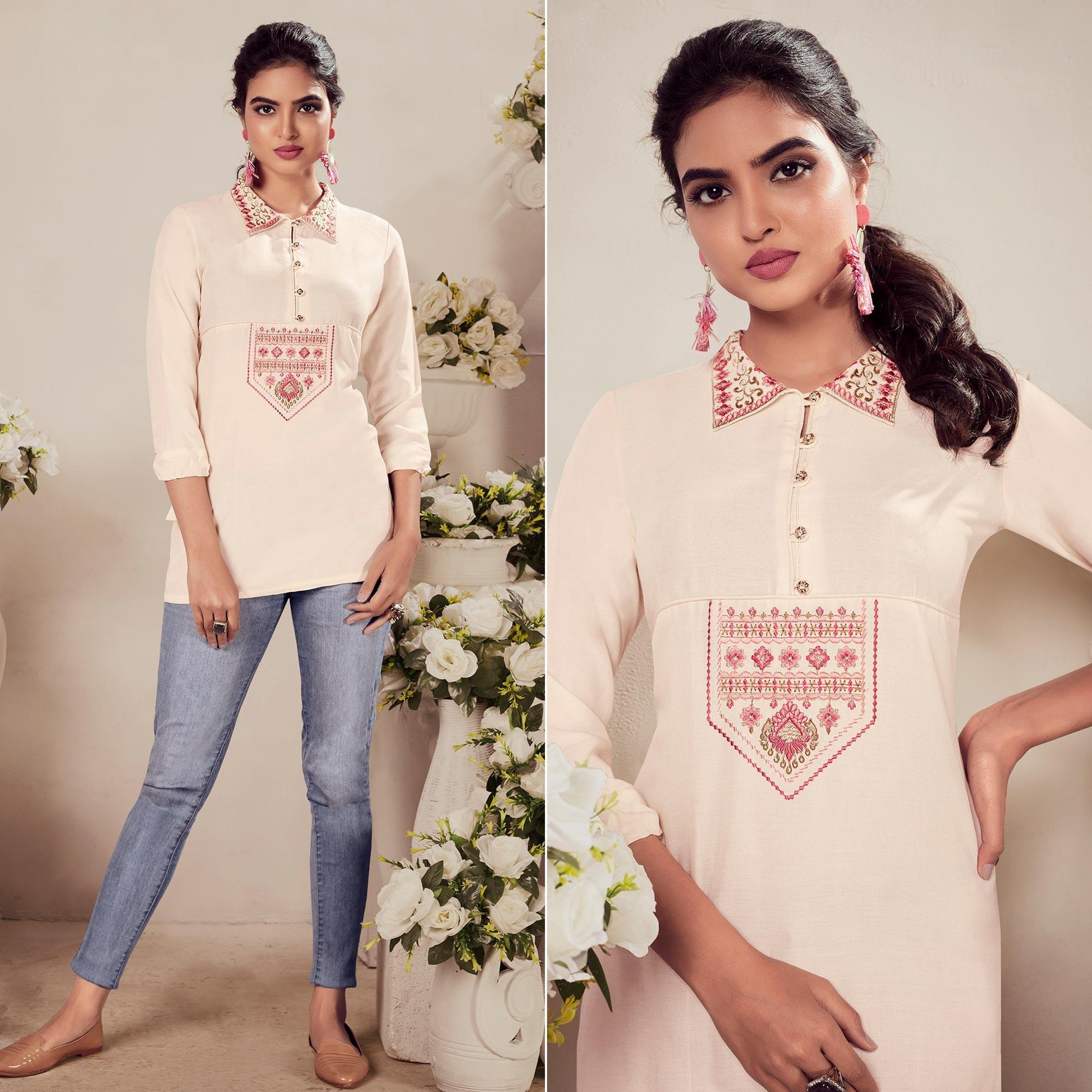Cream Casual Wear Floral Embroidered Rayon Top
