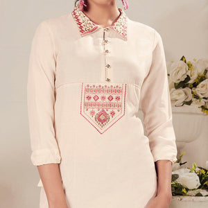 Cream Casual Wear Floral Embroidered Rayon Top