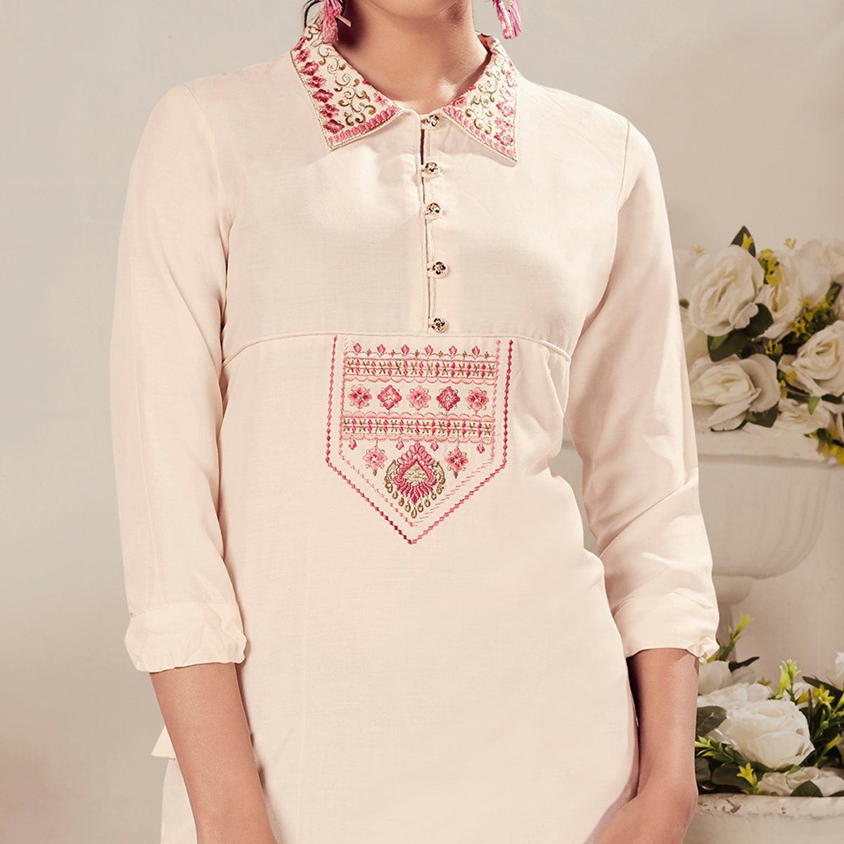Cream Casual Wear Floral Embroidered Rayon Top