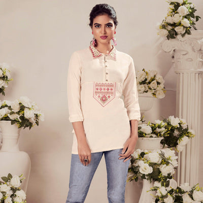 Cream Casual Wear Floral Embroidered Rayon Top