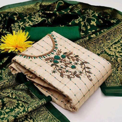 Cream Casual Wear Floral Embroidered With Checks Banarasi Silk Dress Material