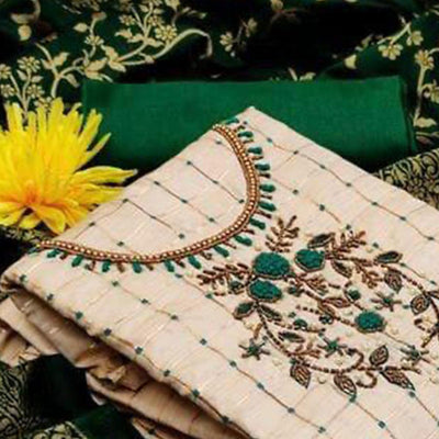 Cream Casual Wear Floral Embroidered With Checks Banarasi Silk Dress Material
